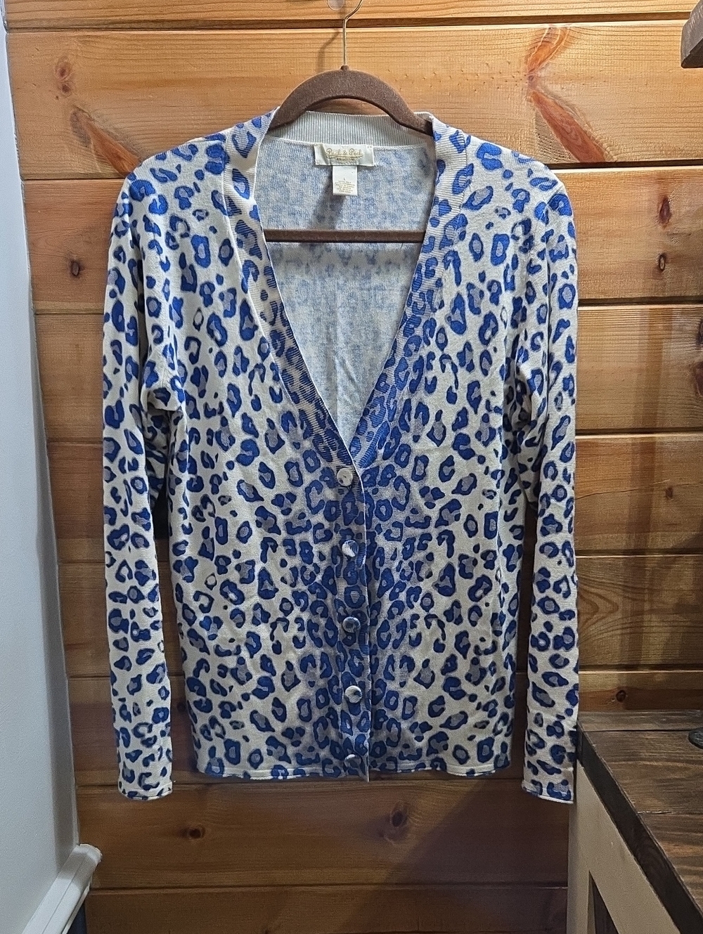 Peck & Peck Blue Leopard Print V-Neck Cardigan Silk And Cashmere Size Large 0702